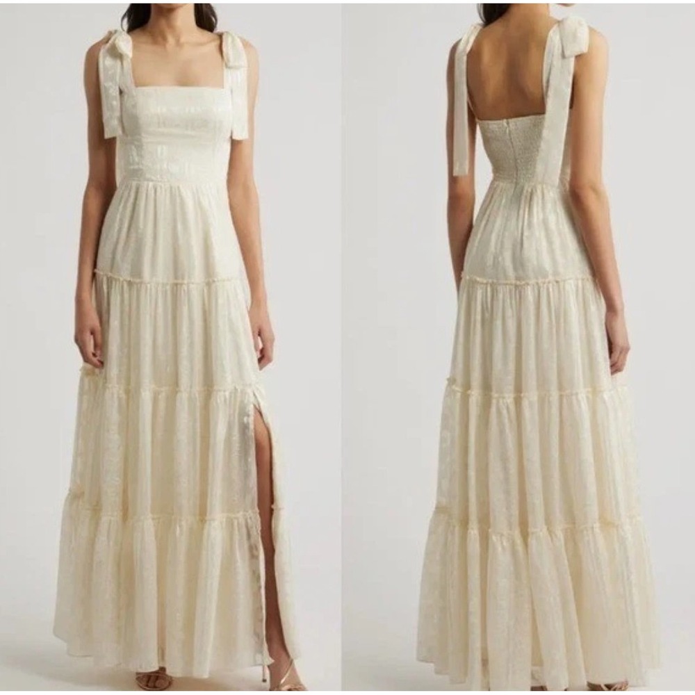 New Lulus Andrea Jacquard Tiered Maxi Dress Cream Floral Tie-Strap Large L Flaw
